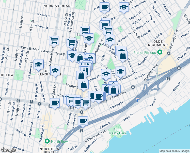 map of restaurants, bars, coffee shops, grocery stores, and more near 339 Belgrade Street in Philadelphia