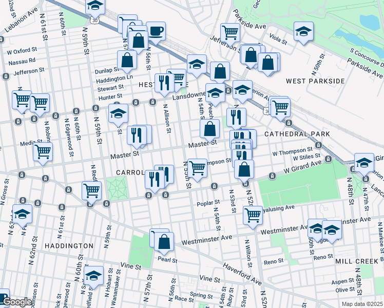map of restaurants, bars, coffee shops, grocery stores, and more near 1336 North Conestoga Street in Philadelphia