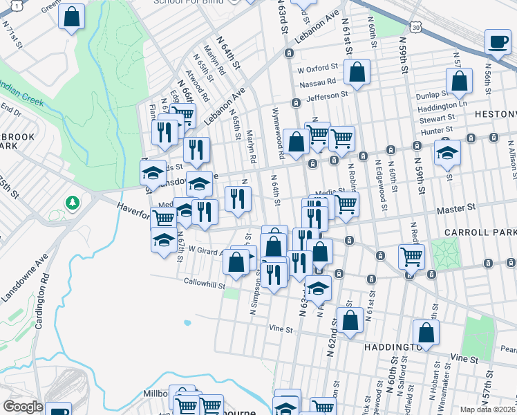map of restaurants, bars, coffee shops, grocery stores, and more near 655 North 65th Street in Philadelphia