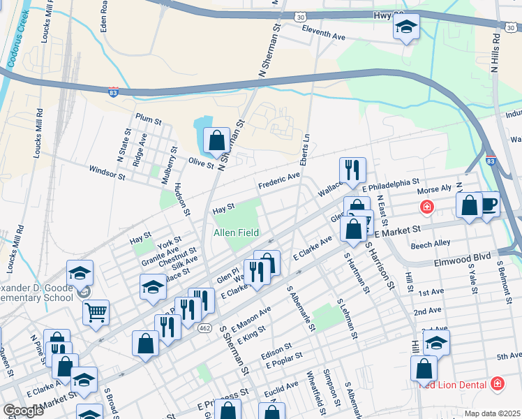 map of restaurants, bars, coffee shops, grocery stores, and more near 212 North Albemarle Street in York