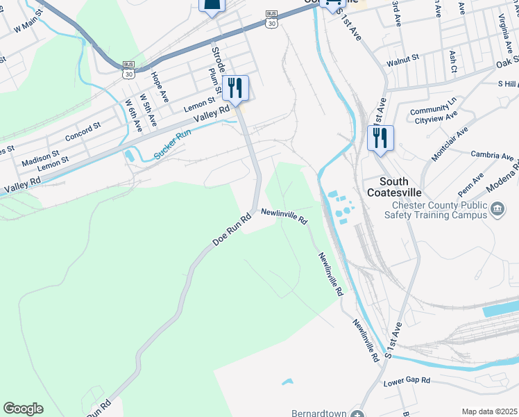 map of restaurants, bars, coffee shops, grocery stores, and more near 9 Newlinville Road in Coatesville