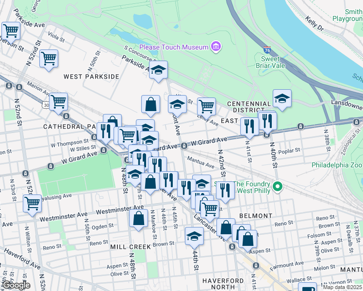 map of restaurants, bars, coffee shops, grocery stores, and more near W Girard Ave & Belmont Ave in Philadelphia