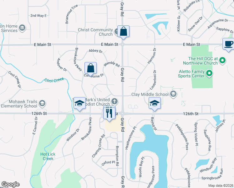 map of restaurants, bars, coffee shops, grocery stores, and more near 12709 Wembly Road in Carmel
