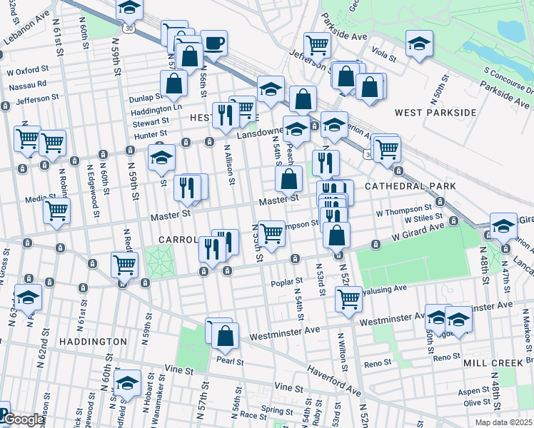 map of restaurants, bars, coffee shops, grocery stores, and more near 1336 North Conestoga Street in Philadelphia