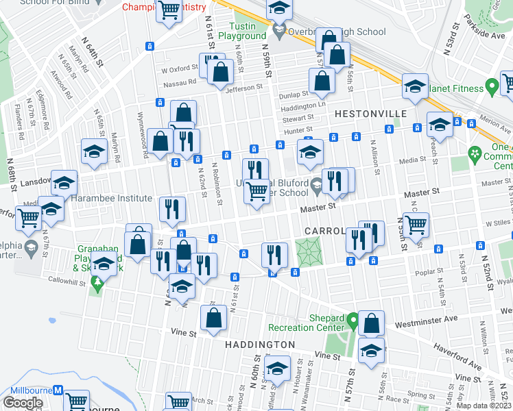 map of restaurants, bars, coffee shops, grocery stores, and more near 1420 North 60th Street in Philadelphia