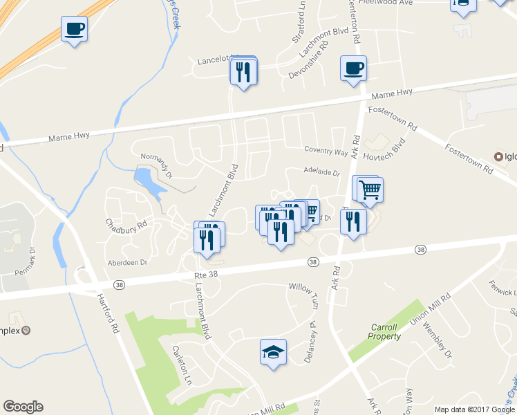 map of restaurants, bars, coffee shops, grocery stores, and more near 2607A Heatherstone Court in Mount Laurel Township