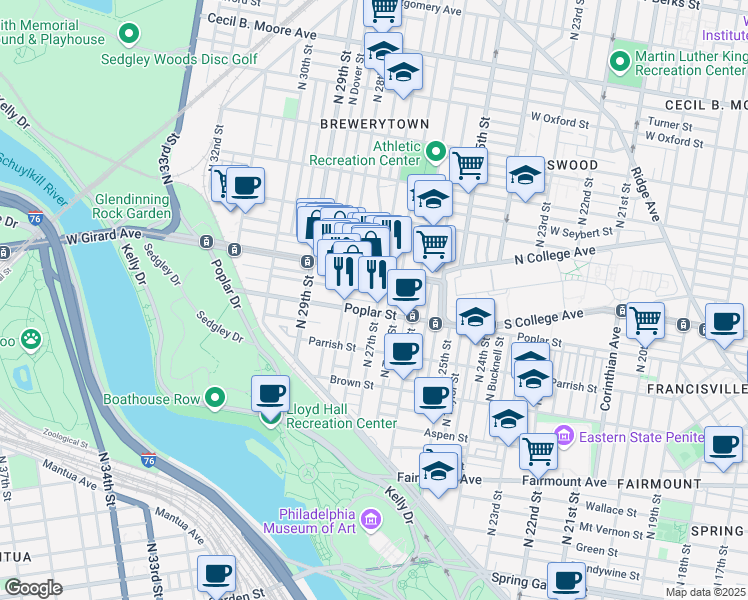 map of restaurants, bars, coffee shops, grocery stores, and more near 2703 West George Street in Philadelphia