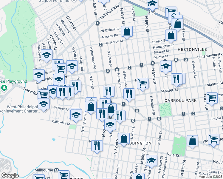 map of restaurants, bars, coffee shops, grocery stores, and more near 1444 North Felton Street in Philadelphia