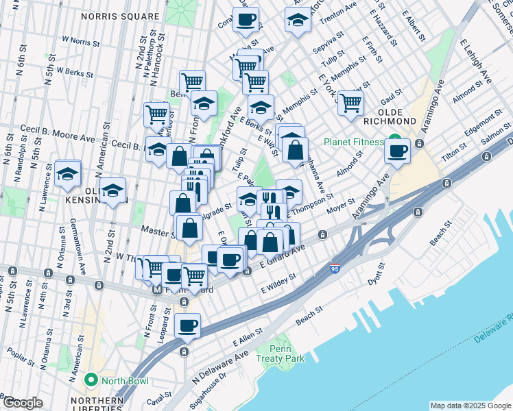 map of restaurants, bars, coffee shops, grocery stores, and more near 1342 East Palmer Street in Philadelphia