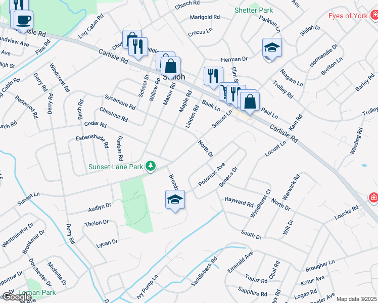 map of restaurants, bars, coffee shops, grocery stores, and more near 2340 Sunset Lane in York