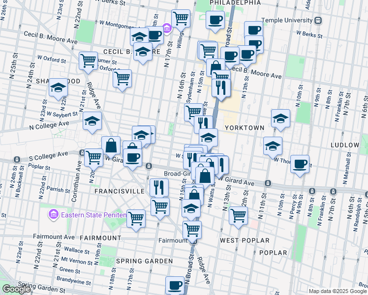 map of restaurants, bars, coffee shops, grocery stores, and more near 1512 West Thompson Street in Philadelphia