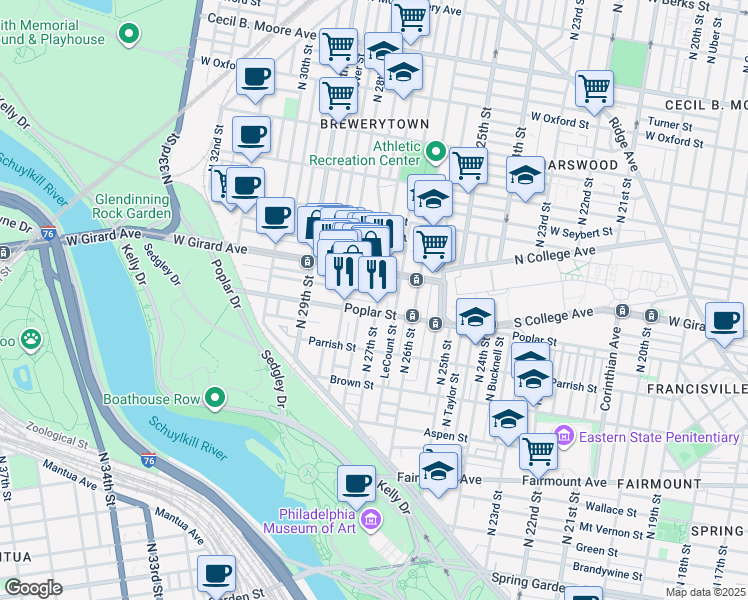 map of restaurants, bars, coffee shops, grocery stores, and more near 2703 West George Street in Philadelphia