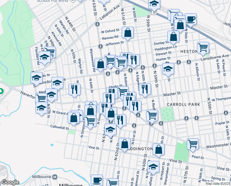 map of restaurants, bars, coffee shops, grocery stores, and more near 1442 North Hirst Street in Philadelphia