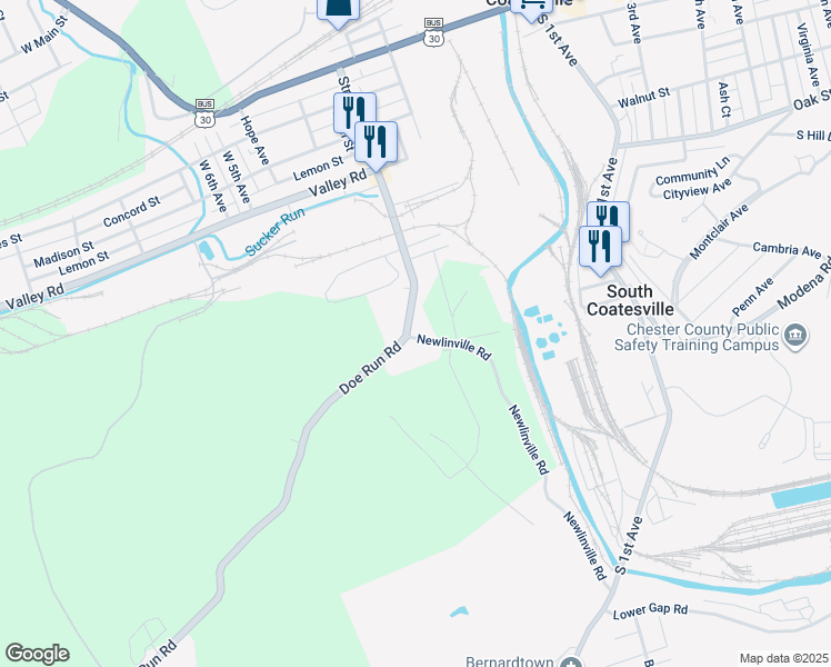 map of restaurants, bars, coffee shops, grocery stores, and more near 9 Newlinville Road in Coatesville