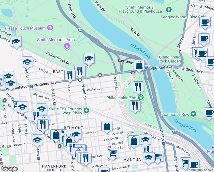 map of restaurants, bars, coffee shops, grocery stores, and more near 3845 Poplar Street in Philadelphia