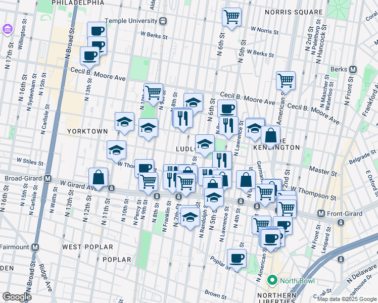 map of restaurants, bars, coffee shops, grocery stores, and more near 1409 North 7th Street in Philadelphia
