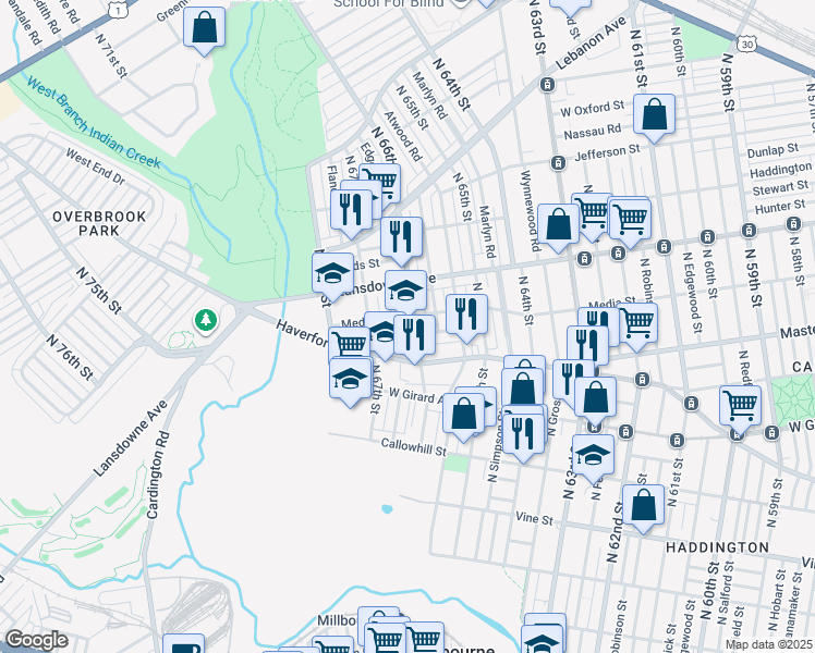 map of restaurants, bars, coffee shops, grocery stores, and more near 640 North 66th Street in Philadelphia