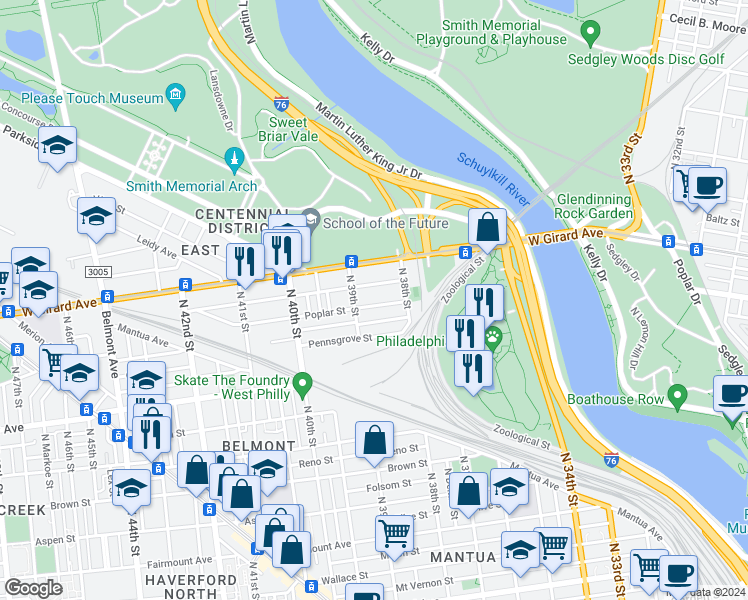 map of restaurants, bars, coffee shops, grocery stores, and more near 3847 Poplar Street in Philadelphia