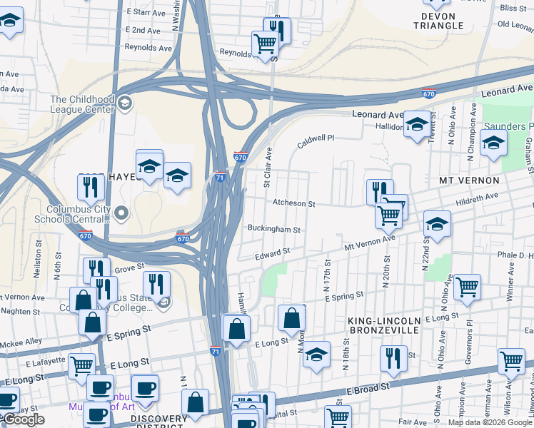 map of restaurants, bars, coffee shops, grocery stores, and more near 841 Atcheson Street in Columbus