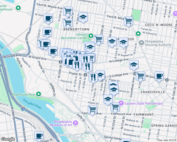 map of restaurants, bars, coffee shops, grocery stores, and more near 2511 West Girard Avenue in Philadelphia