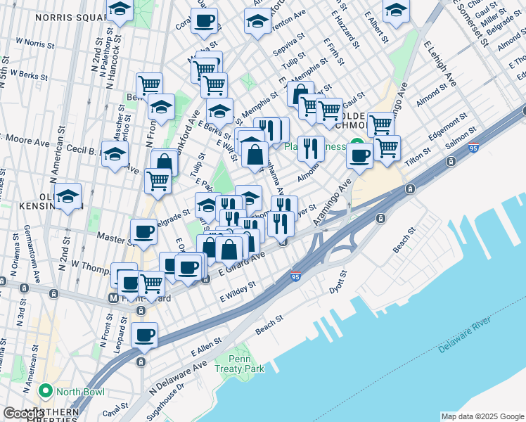 map of restaurants, bars, coffee shops, grocery stores, and more near 633 East Thompson Street in Philadelphia
