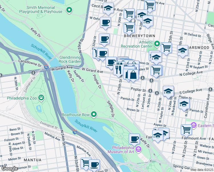 map of restaurants, bars, coffee shops, grocery stores, and more near 3004 Poplar Street in Philadelphia