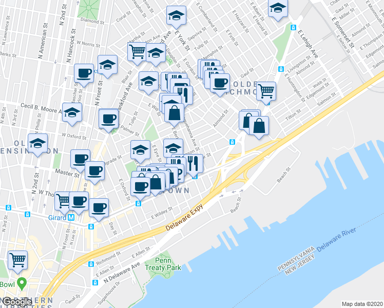 map of restaurants, bars, coffee shops, grocery stores, and more near 718 East Thompson Street in Philadelphia