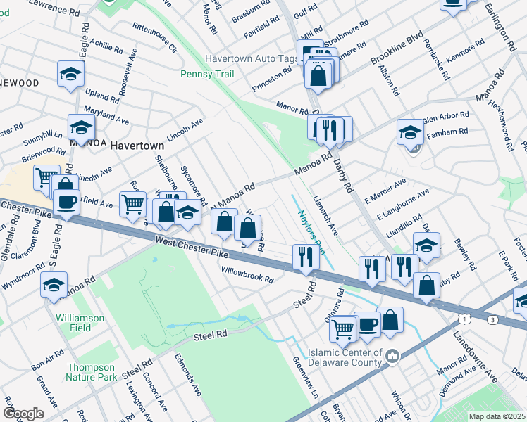 map of restaurants, bars, coffee shops, grocery stores, and more near 48 Waverly Road in Havertown