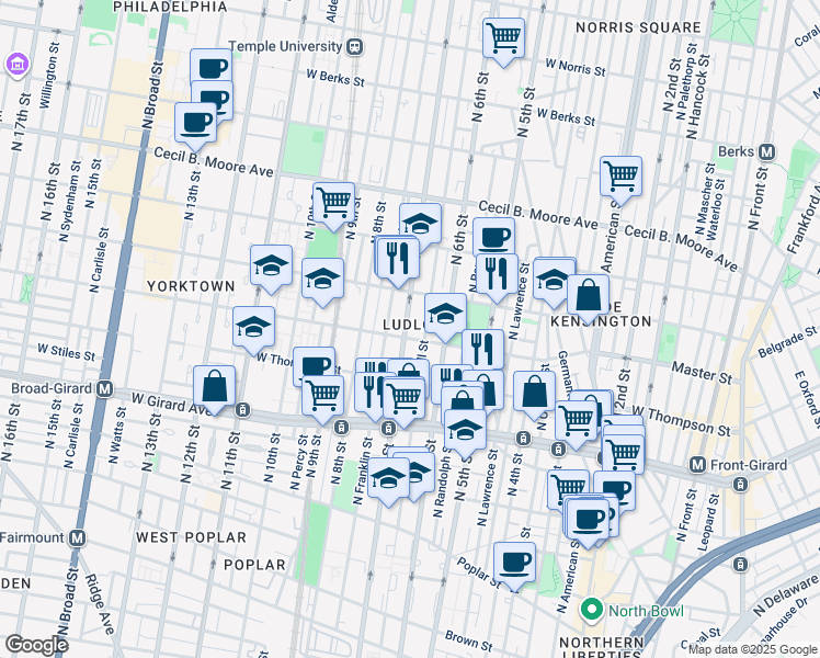 map of restaurants, bars, coffee shops, grocery stores, and more near 1409 North 7th Street in Philadelphia