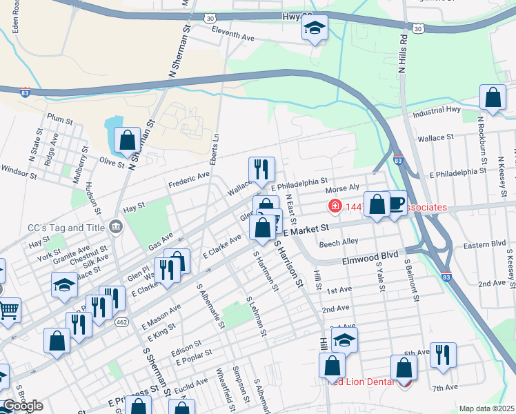 map of restaurants, bars, coffee shops, grocery stores, and more near 1254 Glen Place in York