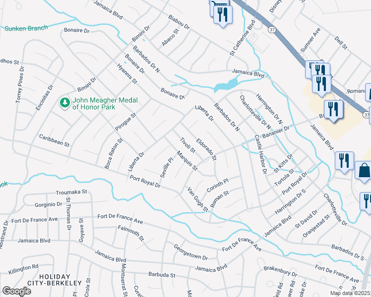 map of restaurants, bars, coffee shops, grocery stores, and more near 18 Tivoli Street in Toms River
