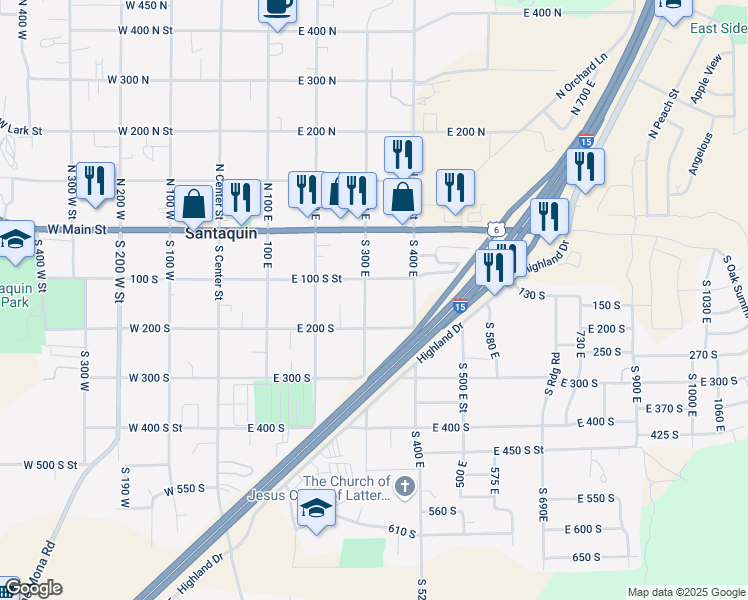 map of restaurants, bars, coffee shops, grocery stores, and more near 137 South 300 East in Santaquin