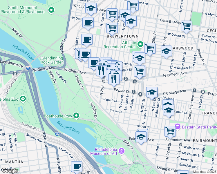 map of restaurants, bars, coffee shops, grocery stores, and more near 2825 Poplar Street in Philadelphia