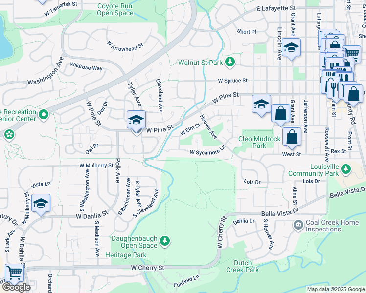 map of restaurants, bars, coffee shops, grocery stores, and more near 381 West Sycamore Lane in Louisville