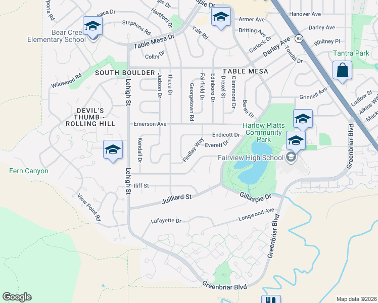 map of restaurants, bars, coffee shops, grocery stores, and more near 1495 Findlay Way in Boulder