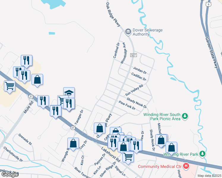 map of restaurants, bars, coffee shops, grocery stores, and more near 80 Shady Nook Drive in Toms River