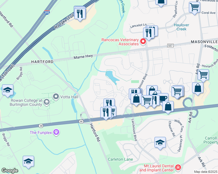 map of restaurants, bars, coffee shops, grocery stores, and more near 2717A Sussex Court in Mount Laurel Township