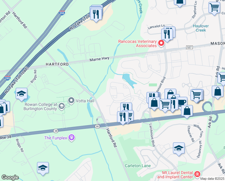 map of restaurants, bars, coffee shops, grocery stores, and more near 2206A Durham Court in Mount Laurel Township