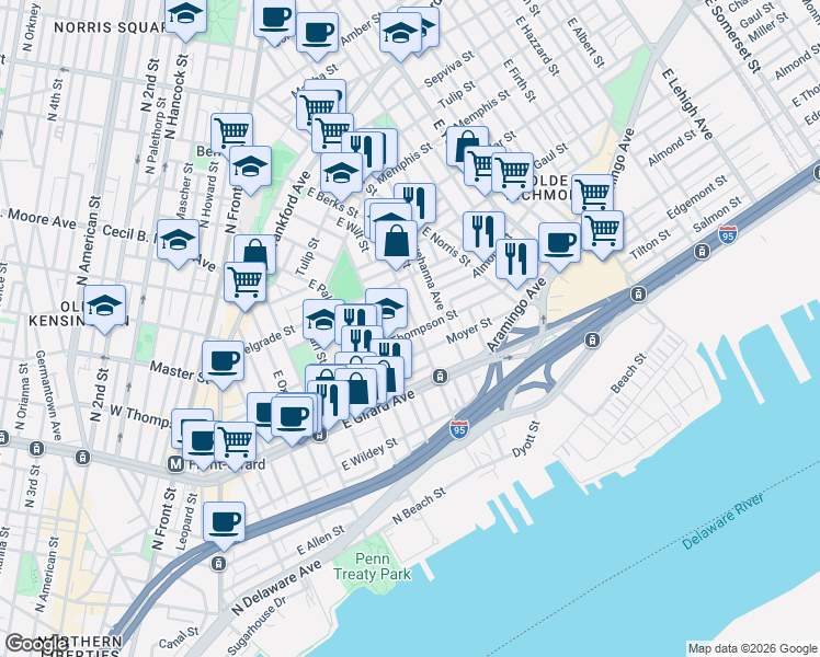 map of restaurants, bars, coffee shops, grocery stores, and more near 1324 East Berks Street in Philadelphia