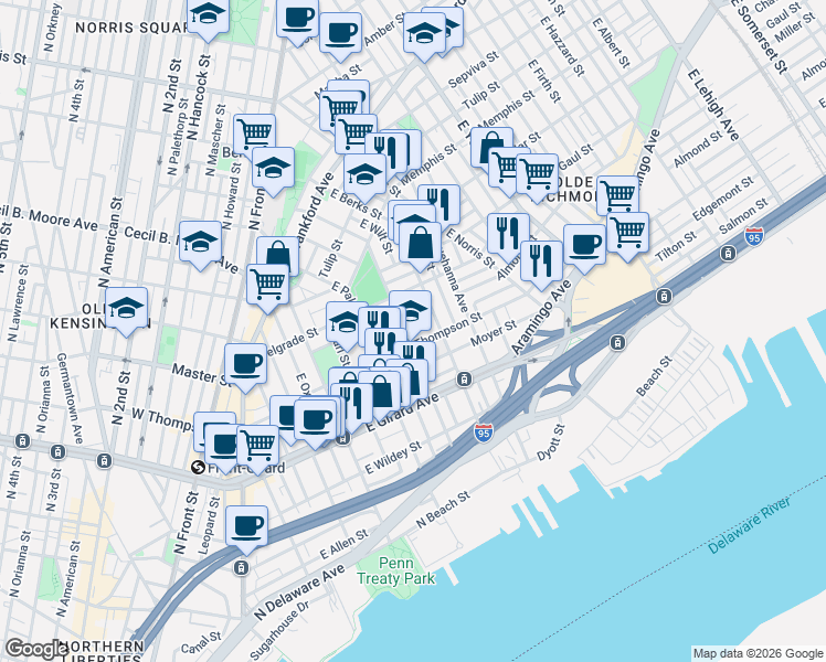 map of restaurants, bars, coffee shops, grocery stores, and more near 1324 East Berks Street in Philadelphia