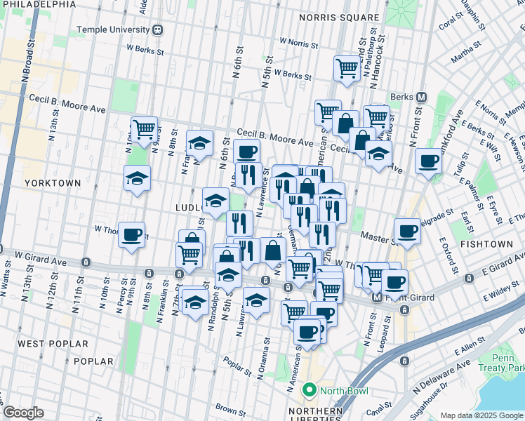 map of restaurants, bars, coffee shops, grocery stores, and more near 1442 North 4th Street in Philadelphia