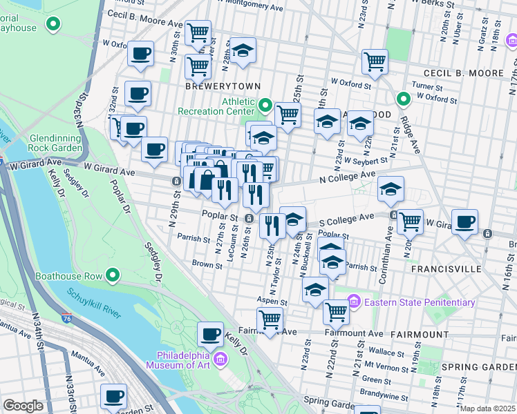 map of restaurants, bars, coffee shops, grocery stores, and more near 2511 West Girard Avenue in Philadelphia