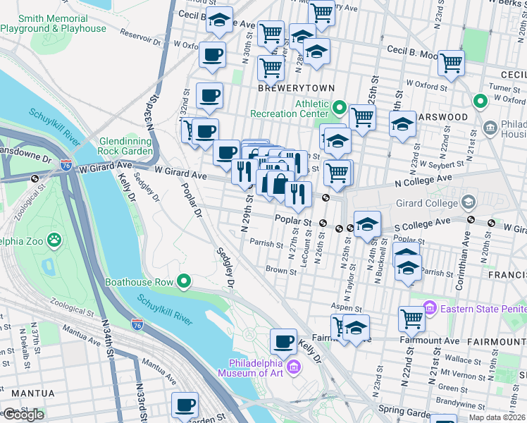 map of restaurants, bars, coffee shops, grocery stores, and more near 2834 Cambridge Street in Philadelphia