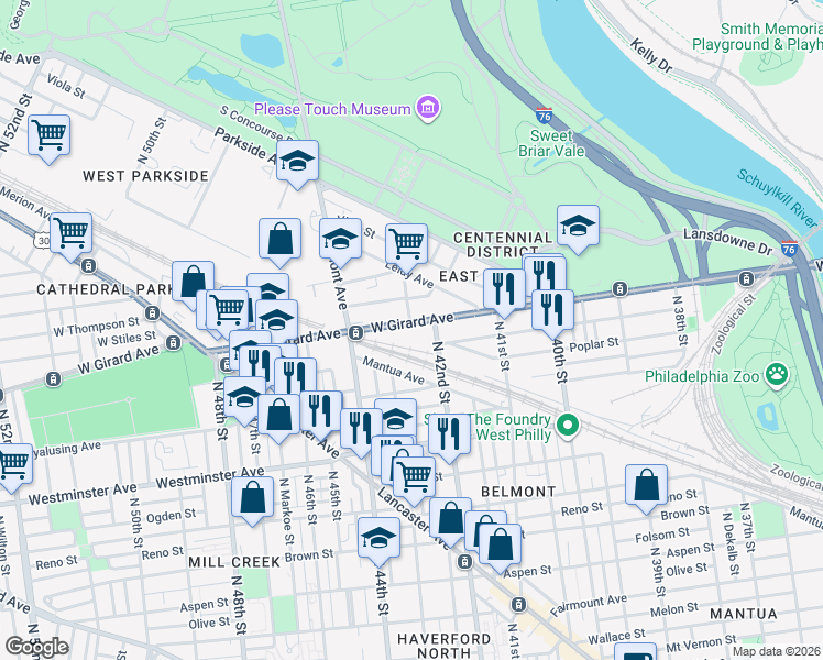 map of restaurants, bars, coffee shops, grocery stores, and more near 4232 West Girard Avenue in Philadelphia