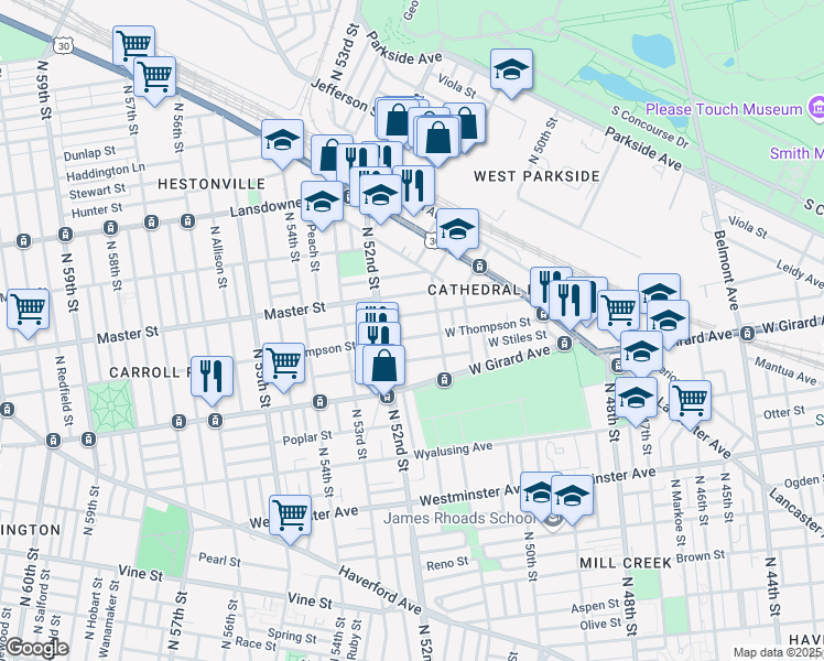 map of restaurants, bars, coffee shops, grocery stores, and more near 5132 Kershaw Street in Philadelphia