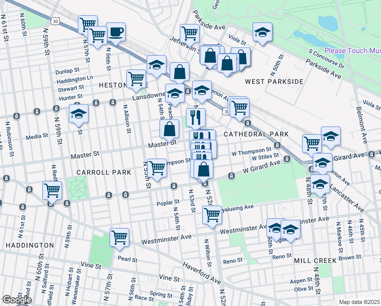 map of restaurants, bars, coffee shops, grocery stores, and more near 1322 North 52nd Street in Philadelphia