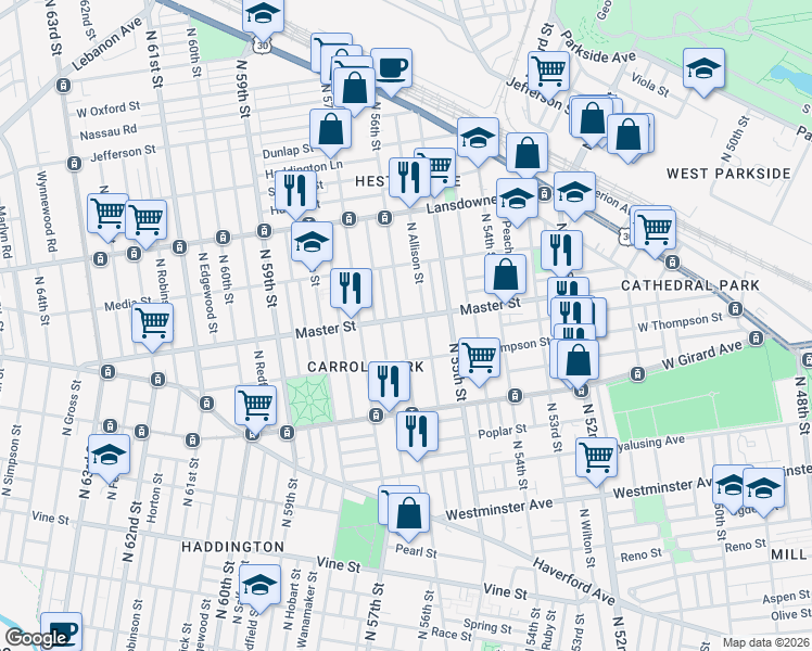 map of restaurants, bars, coffee shops, grocery stores, and more near 5538 Master Street in Philadelphia