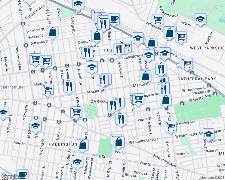 map of restaurants, bars, coffee shops, grocery stores, and more near 5623 Master Street in Philadelphia