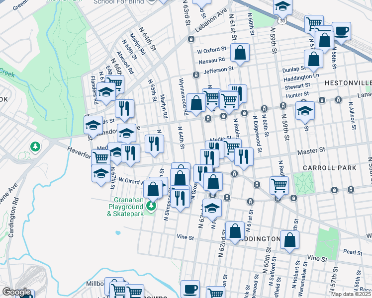 map of restaurants, bars, coffee shops, grocery stores, and more near 636 North 64th Street in Philadelphia