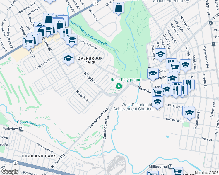 map of restaurants, bars, coffee shops, grocery stores, and more near 7440 Brockton Road in Philadelphia